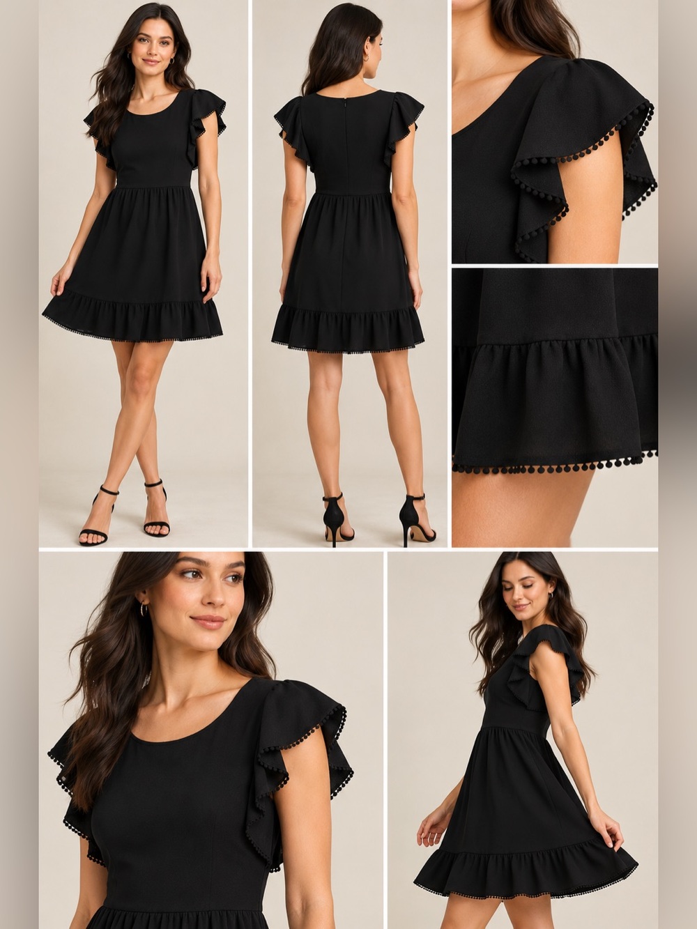 Ann Taylor Black Flutter Sleeve Ruffle Hem Dress XS Pom Trim